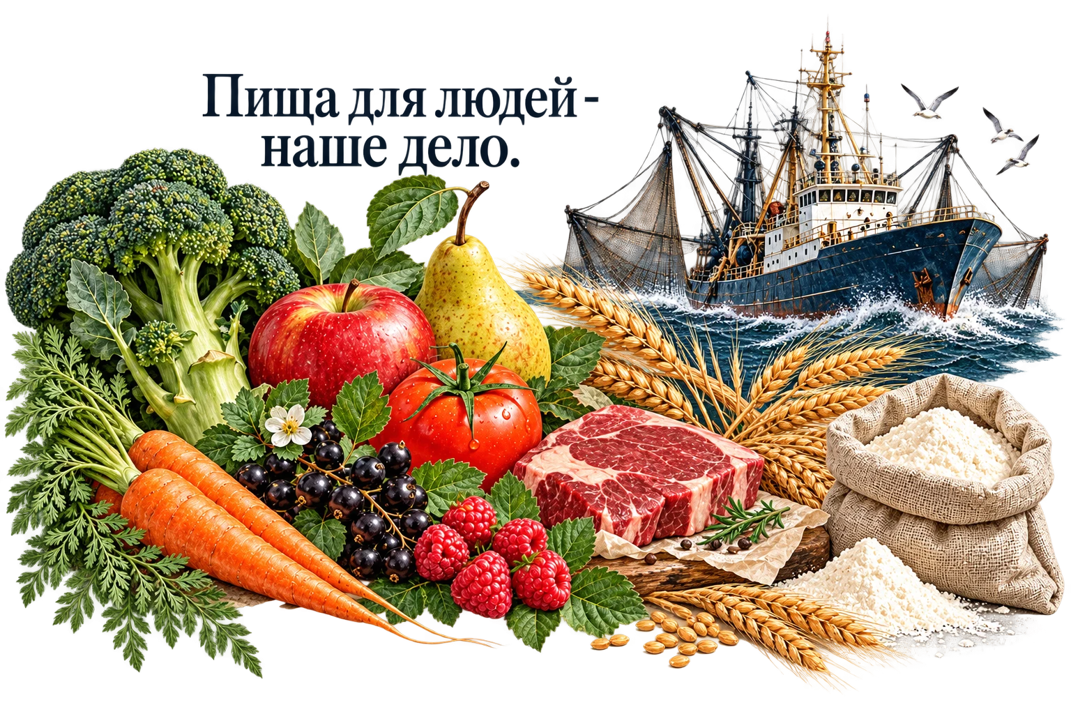 Овощи, фрукты, ягоды, мясо, рыболовецкий траулер, зерно и мука. Пища для людей - наше дело.